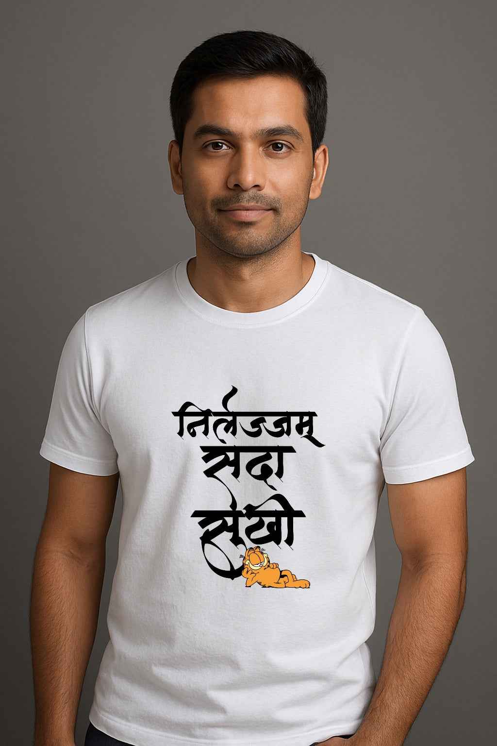Nirlajam Sada Sukhi | Unisex Regular-Fit T-Shirt – Chill Marathi Quote Calligraphy Tee