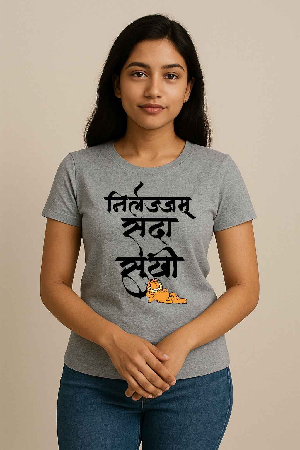 Nirlajam Sada Sukhi | Unisex Regular-Fit T-Shirt – Chill Marathi Quote Calligraphy Tee
